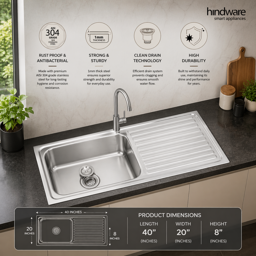 Hindware Kitchen Sink  with Drainboard (40"x20"x8") | SS 304 Grade | Anti-Rust | Heavy Duty | With Waste Coupling