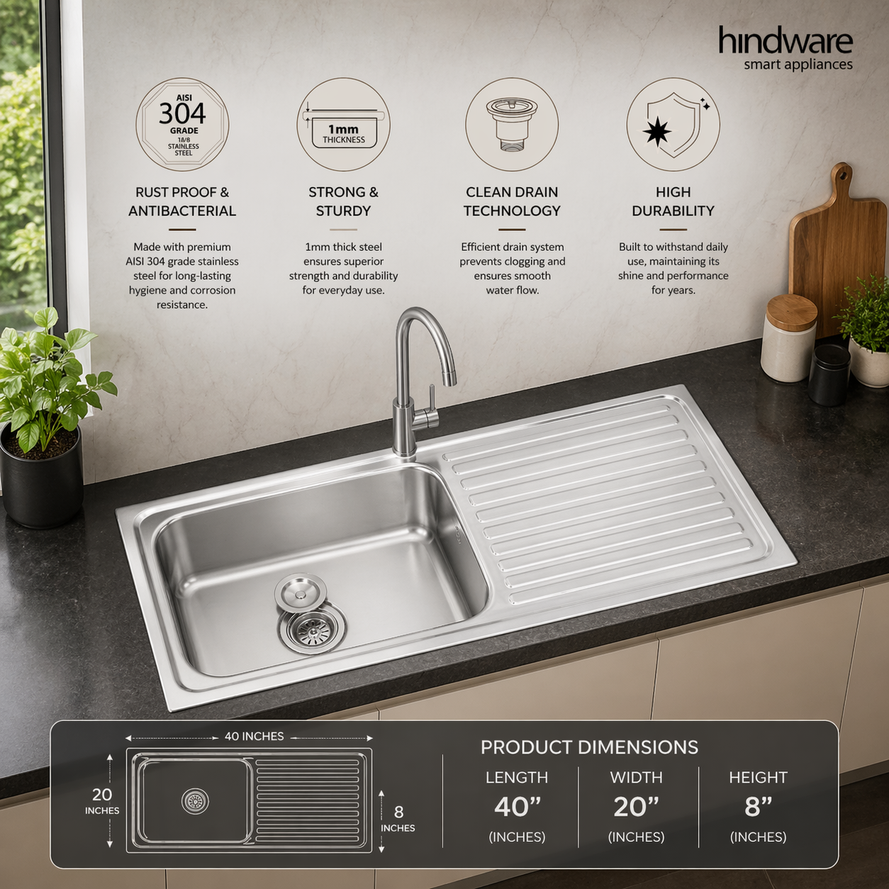 Hindware Kitchen Sink  with Drainboard (40"x20"x8") | SS 304 Grade | Anti-Rust | Heavy Duty | With Waste Coupling