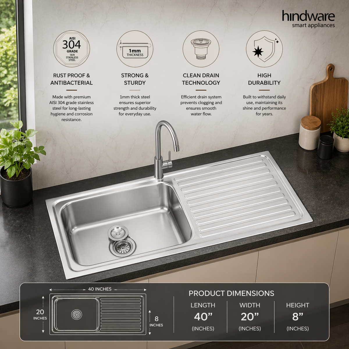 Hindware Kitchen Sink  with Drainboard (40"x20"x8") | SS 304 Grade | Anti-Rust | Heavy Duty | With Waste Coupling