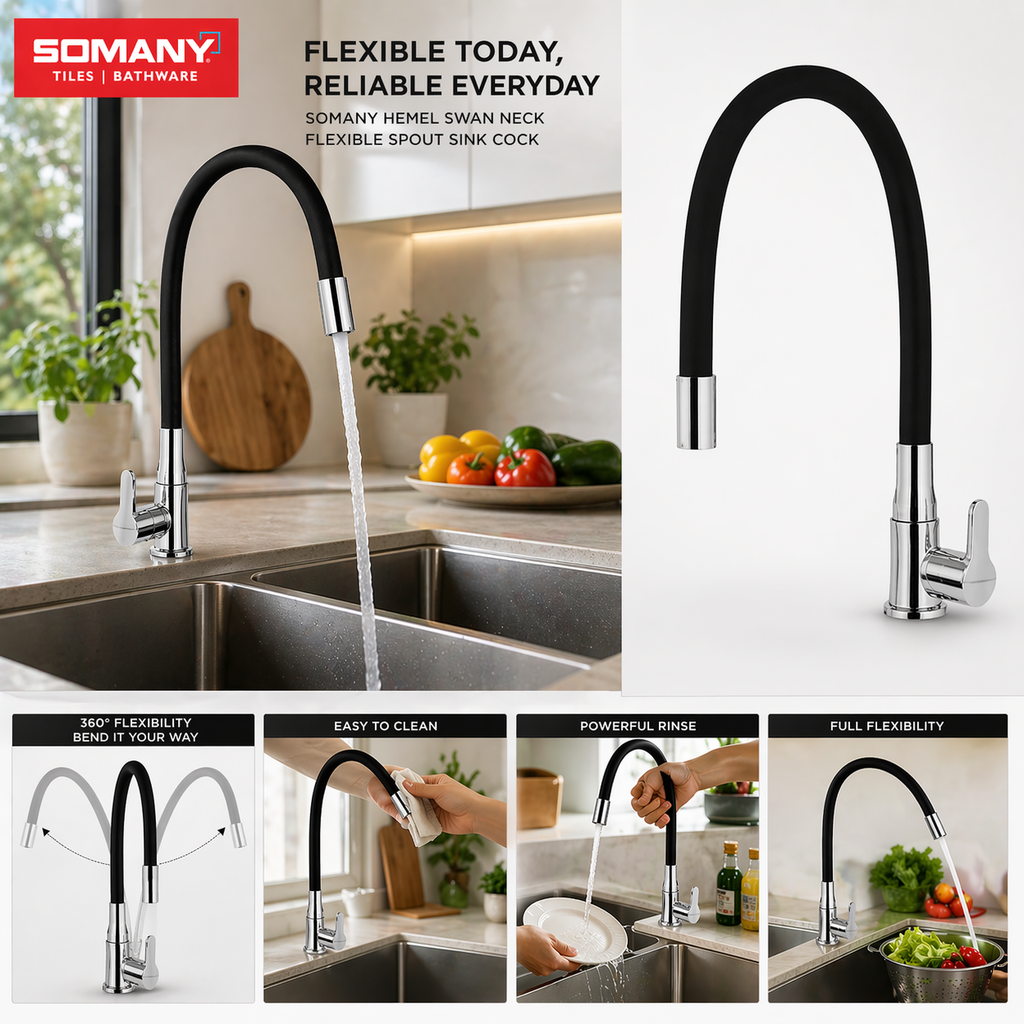 SOMANY Hemel Swan Neck Flexible Spout Kitchen Faucet | Silicone Neck |  Black