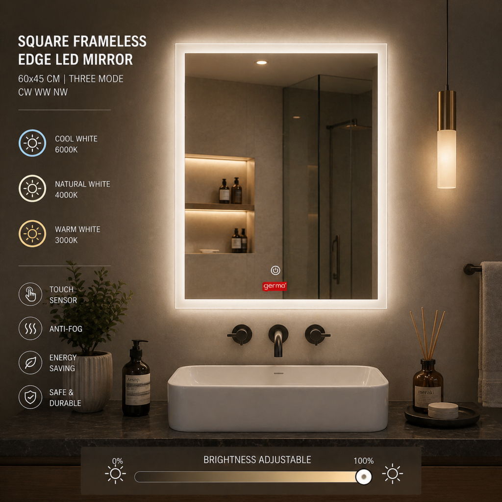 GERMA LED Bathroom Mirror | Frameless Edge-Lit Wall Mirror with Touch Sensor |(Cool White, Neutral White, Warm White) | Modern Mirror