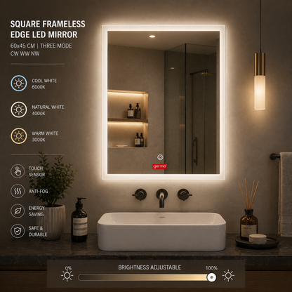 GERMA LED Bathroom Mirror | Frameless Edge-Lit Wall Mirror with Touch Sensor |(Cool White, Neutral White, Warm White) | Modern Mirror