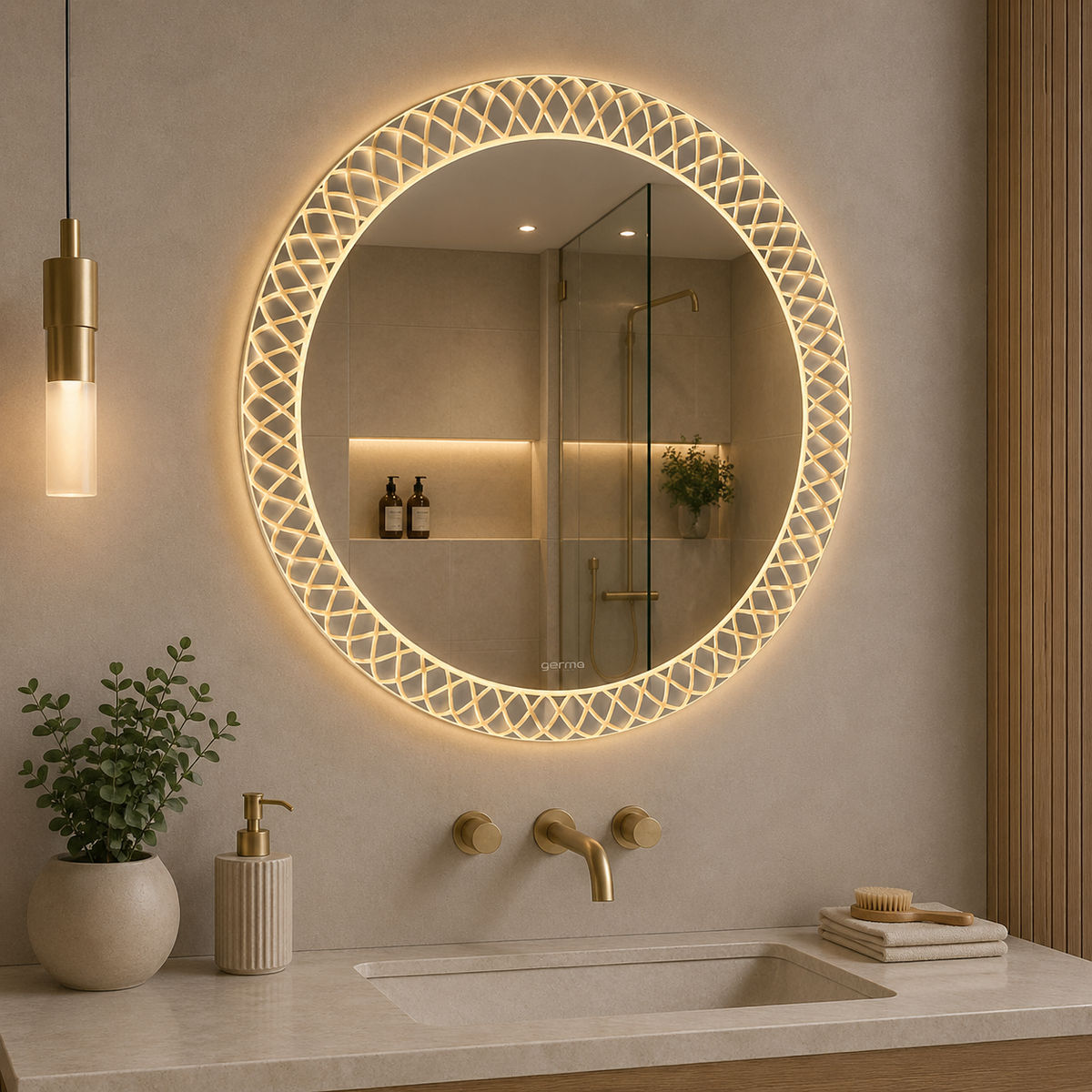 Germa Designer Round Edge Light LED Mirror (60 x 60 cm) – 3 Color Modes, Touch Sensor | Dimmable Frameless Bathroom & Dressing Mirror