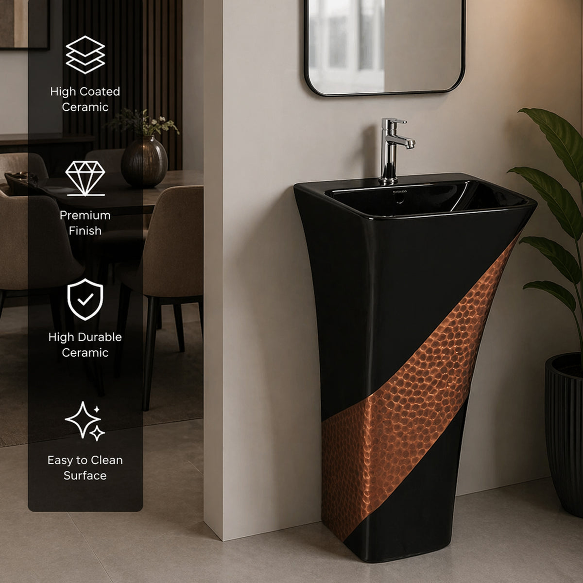 Clayware Porche 001 Premium Black Ceramic Full Pedestal Wash Basin