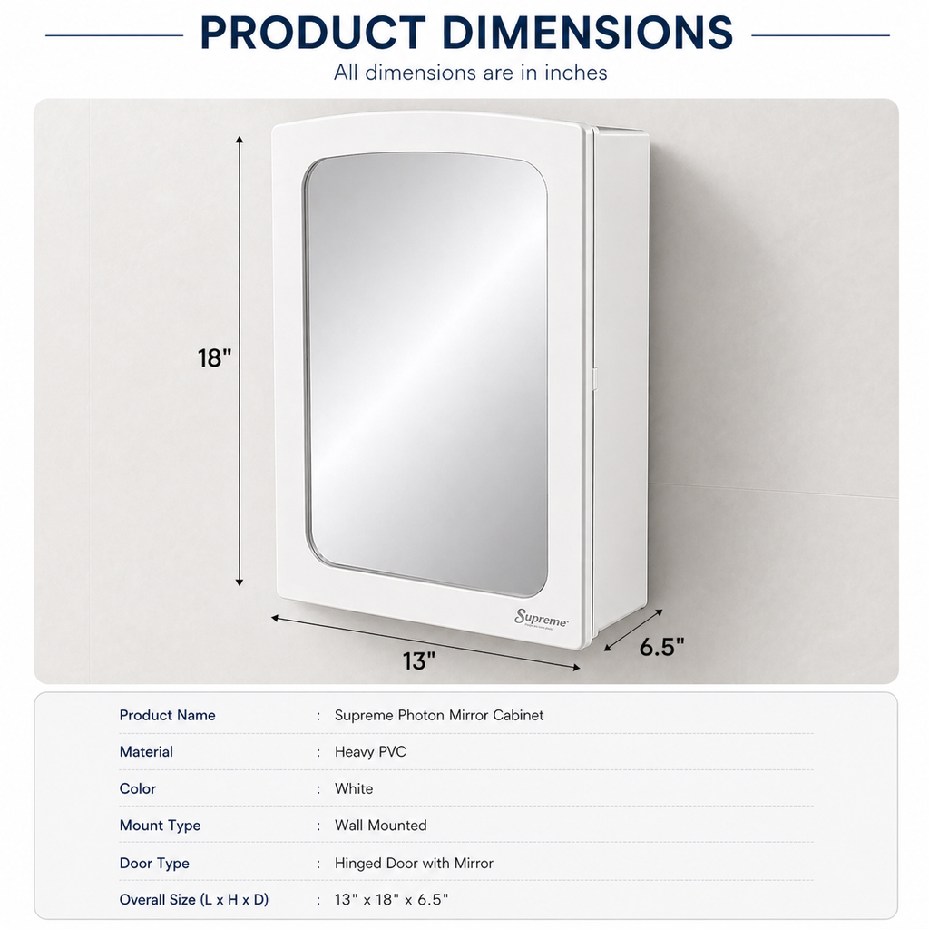 Supreme Photon Heavy PVC Bathroom Mirror Cabinet | Wall Mounted Storage Cabinet with Mirror | Spacious Compartments | White Finish