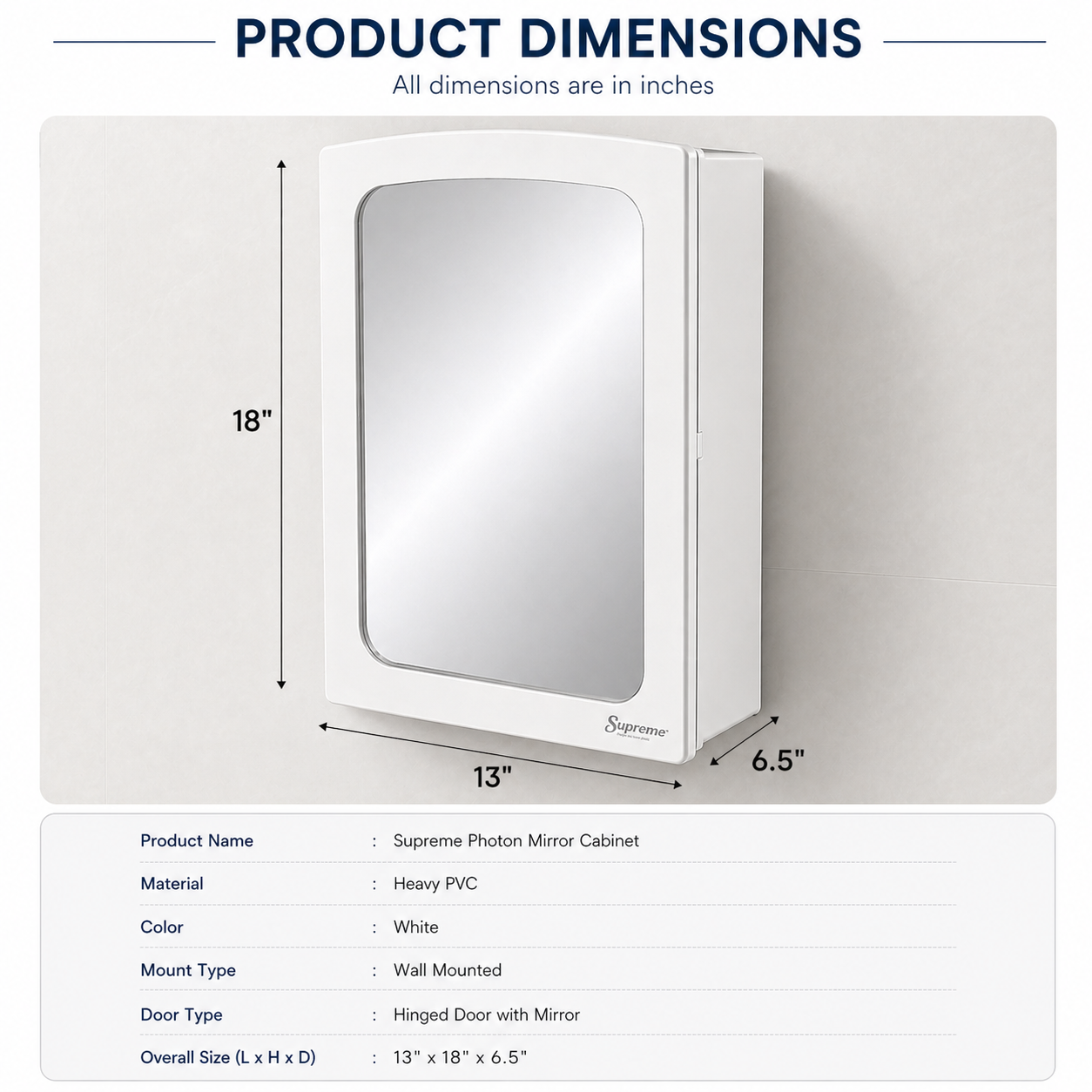 Supreme Photon Heavy PVC Bathroom Mirror Cabinet | Wall Mounted Storage Cabinet with Mirror | Spacious Compartments | White Finish