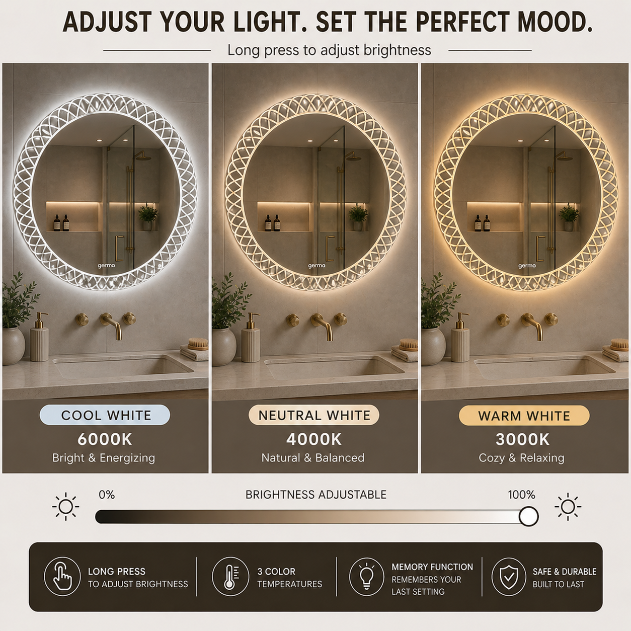 Germa Designer Round Edge Light LED Mirror (60 x 60 cm) – 3 Color Modes, Touch Sensor | Dimmable Frameless Bathroom & Dressing Mirror
