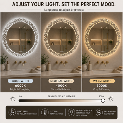 Germa Designer Round Edge Light LED Mirror (60 x 60 cm) – 3 Color Modes, Touch Sensor | Dimmable Frameless Bathroom & Dressing Mirror