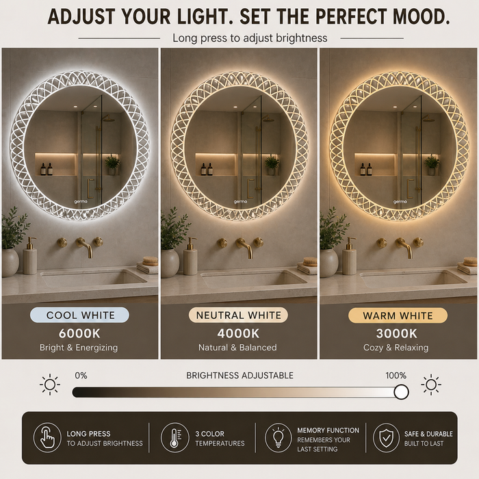 Germa Designer Round Edge Light LED Mirror (60 x 60 cm) – 3 Color Modes, Touch Sensor | Dimmable Frameless Bathroom & Dressing Mirror