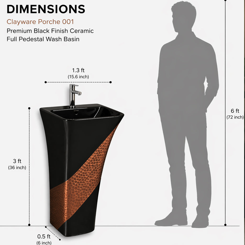 Clayware Porche 001 Premium Black Ceramic Full Pedestal Wash Basin