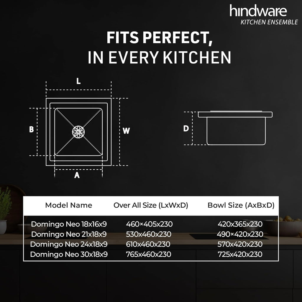Hindware Domingo Neo Kitchen Sink | 304 Grade | Handmade Single Bowl with Waste Coupling| 25 Years Warranty
