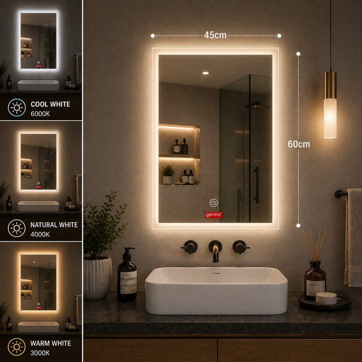 GERMA LED Bathroom Mirror | Frameless Edge-Lit Wall Mirror with Touch Sensor |(Cool White, Neutral White, Warm White) | Modern Mirror