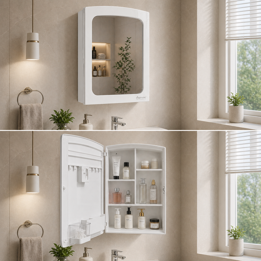 Supreme Photon Heavy PVC Bathroom Mirror Cabinet | Wall Mounted Storage Cabinet with Mirror | Spacious Compartments | White Finish
