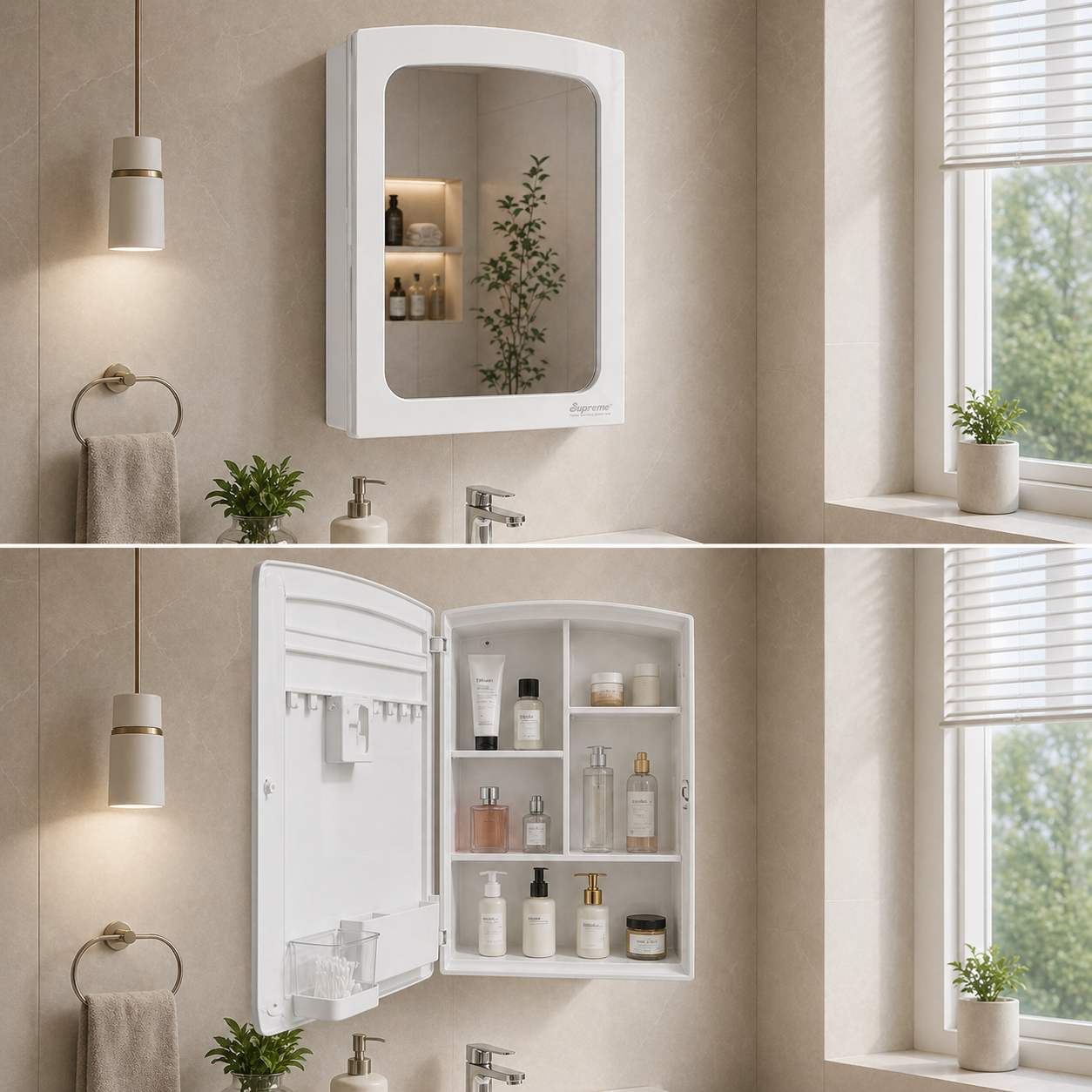 Supreme Photon Heavy PVC Bathroom Mirror Cabinet | Wall Mounted Storage Cabinet with Mirror | Spacious Compartments | White Finish