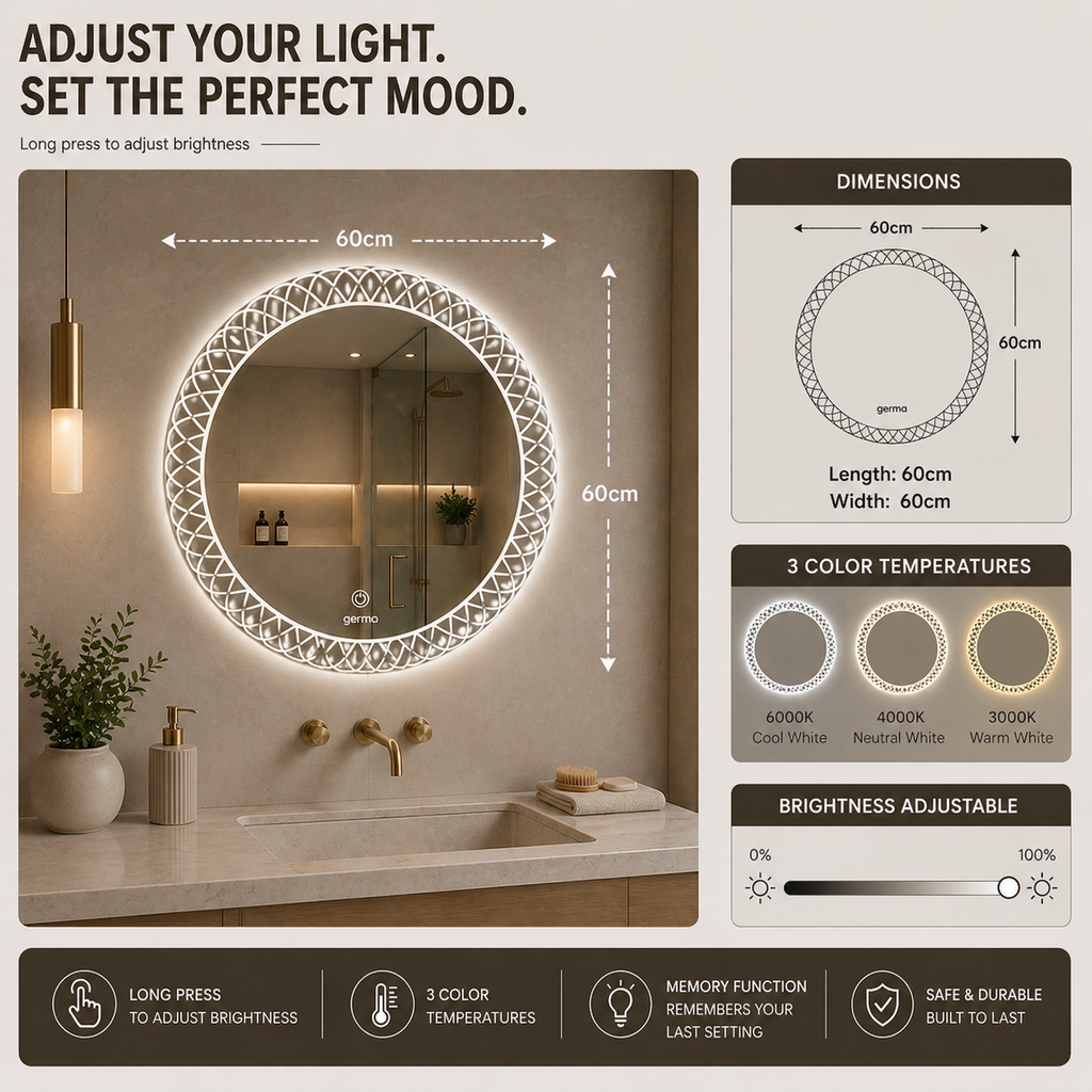 Germa Designer Round Edge Light LED Mirror (60 x 60 cm) – 3 Color Modes, Touch Sensor | Dimmable Frameless Bathroom & Dressing Mirror