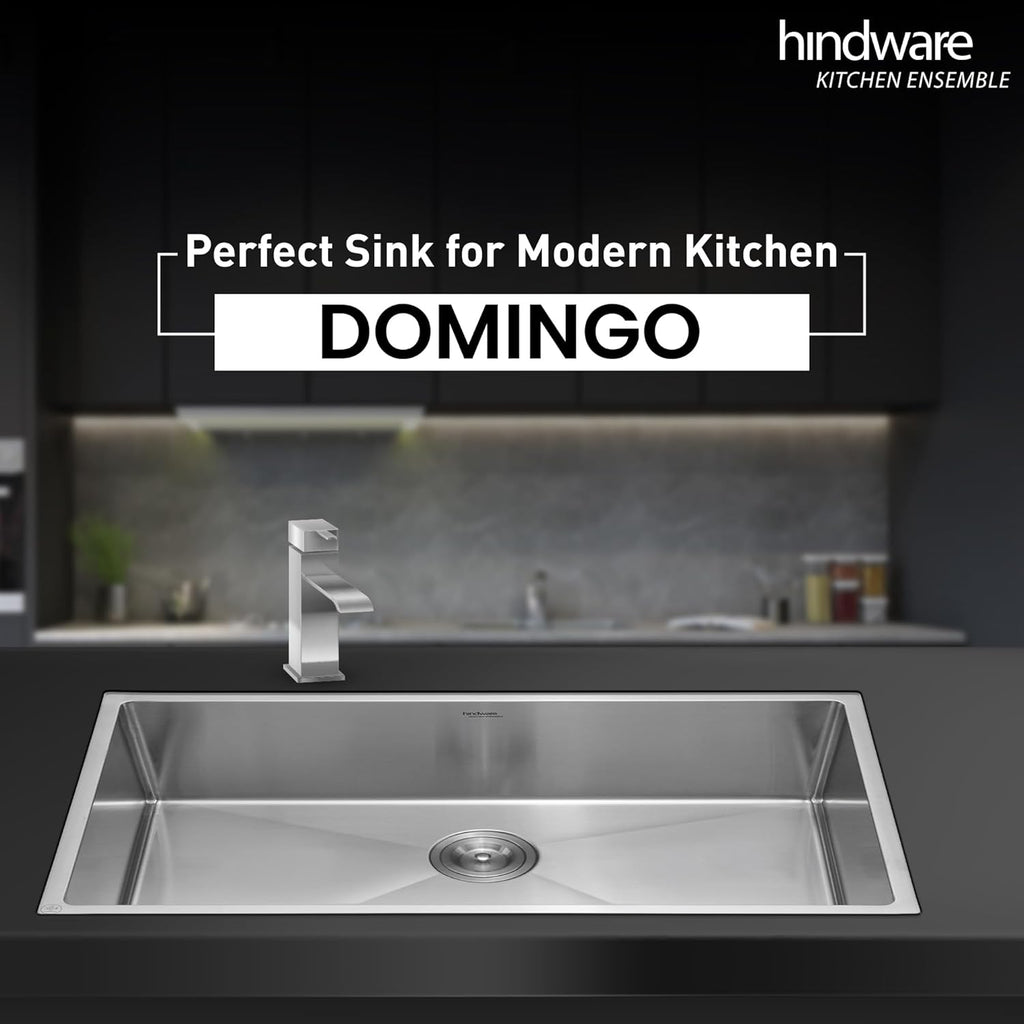 Hindware Domingo Neo Kitchen Sink | 304 Grade | Handmade Single Bowl with Waste Coupling| 25 Years Warranty