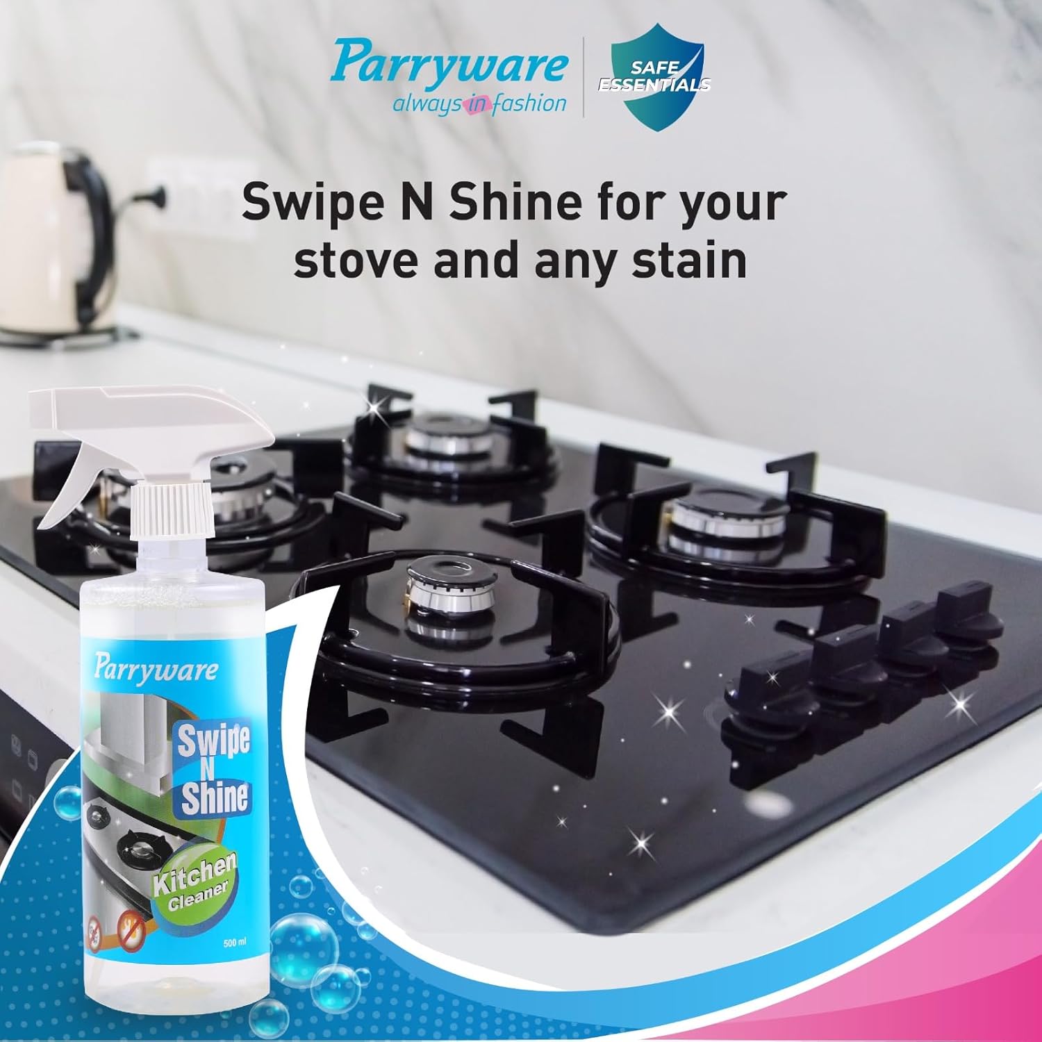 Parryware Swipe N Shine Kitchen Cleaner Spray 500ml | Heavy Duty Degreaser | Removes Tough Grease & Stains | Safe Multi-Surface Cleaner for Chimney, Stove, Sink