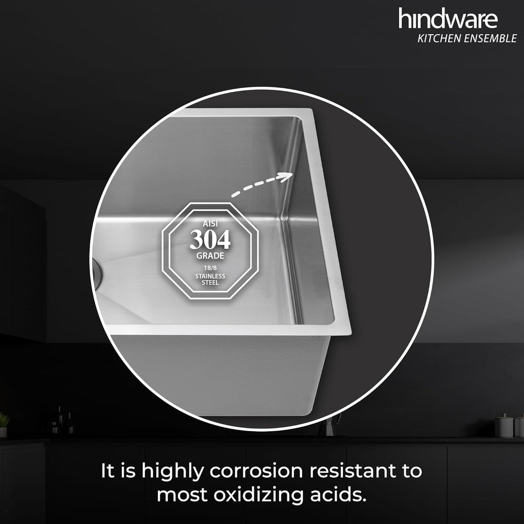 Hindware Domingo Neo Kitchen Sink | 304 Grade | Handmade Single Bowl with Waste Coupling| 25 Years Warranty