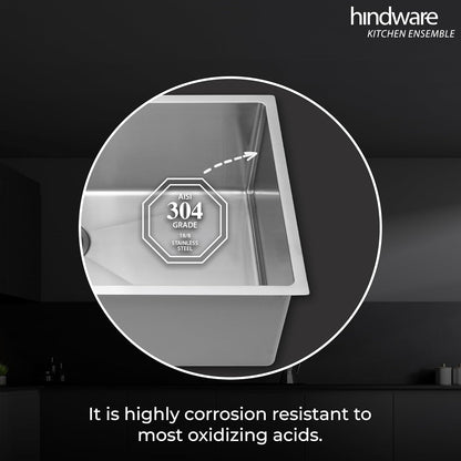 Hindware Domingo Neo Kitchen Sink | 304 Grade | Handmade Single Bowl with Waste Coupling| 25 Years Warranty