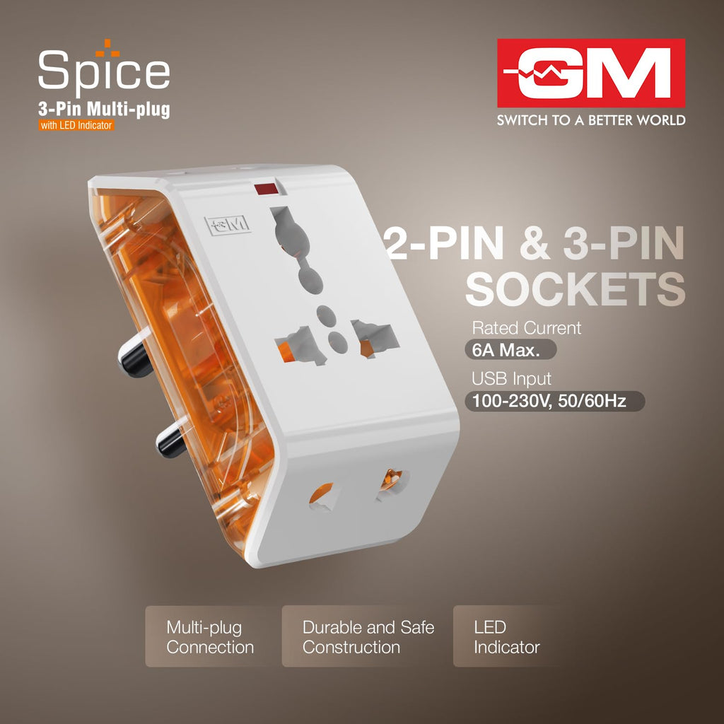 GM 6AMP 3-Pin Multiplug Travel Adapter