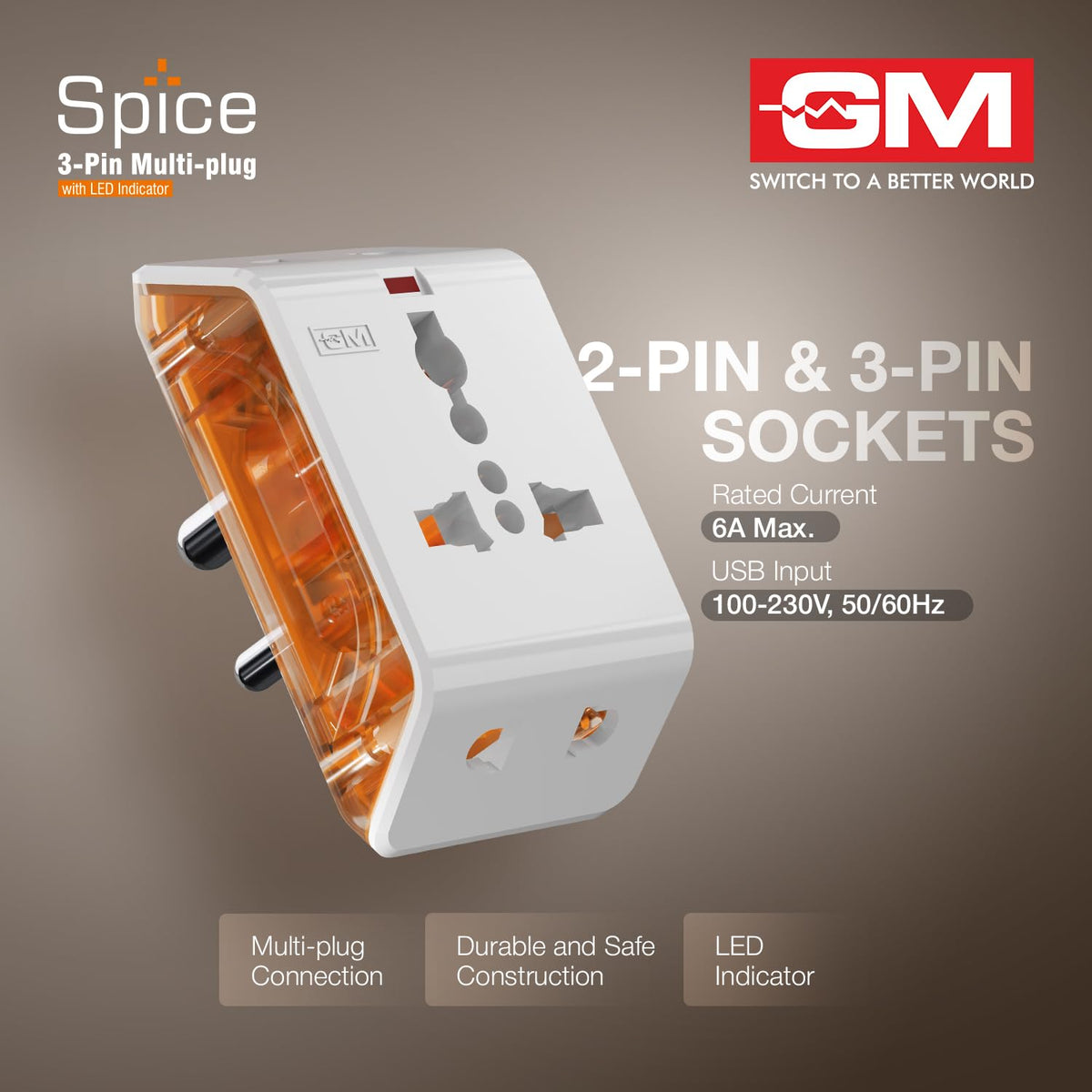 GM 6AMP 3-Pin Multiplug Travel Adapter