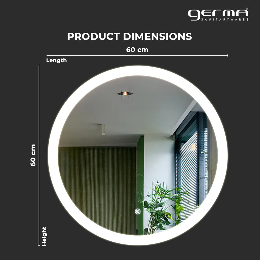 Germa Edge Light Round LED Mirror (60x60cm) – 3 Color Light Modes, Touch Sensor  | Frameless Bathroom & Dressing Mirror (Dimmable)