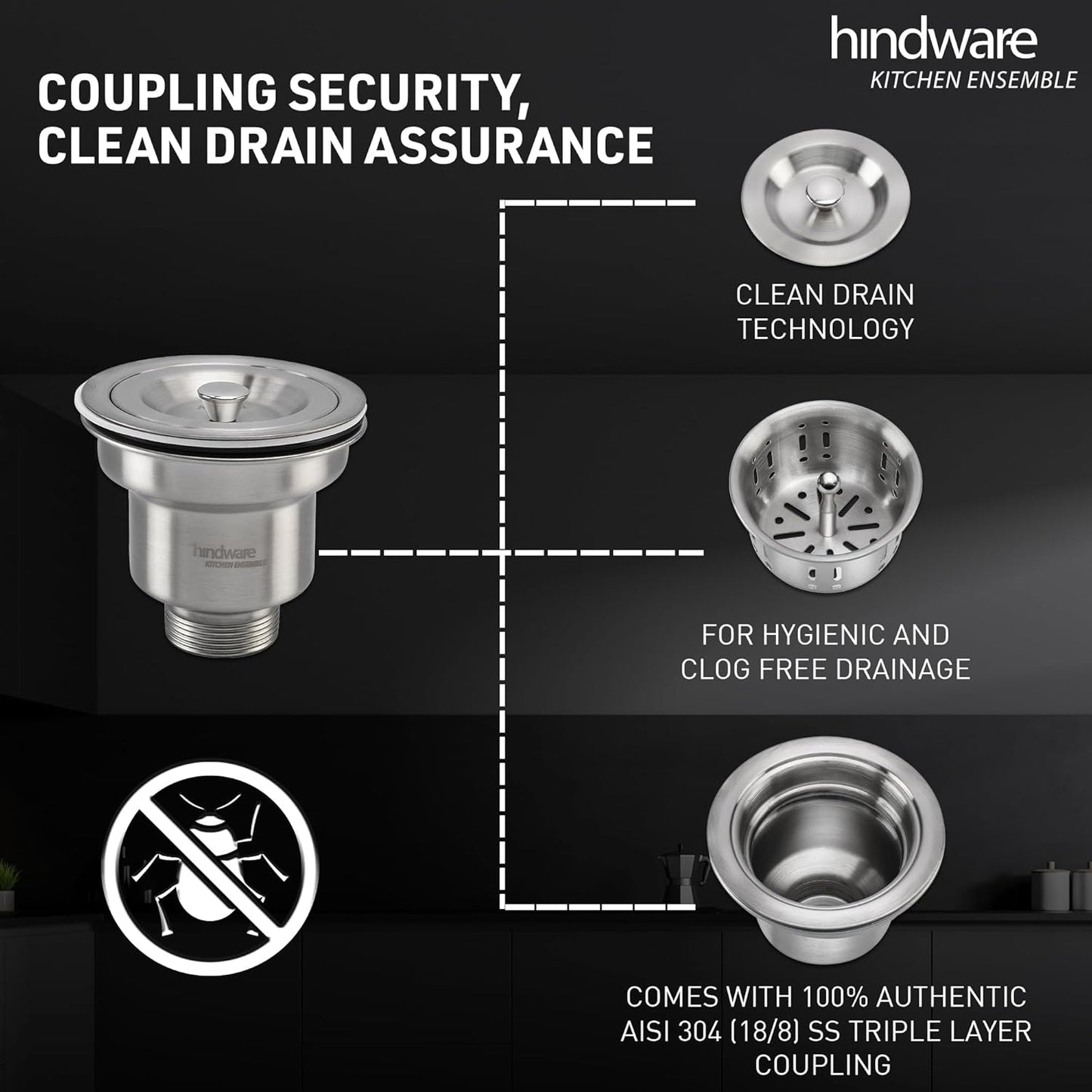 Hindware Domingo Neo Kitchen Sink | 304 Grade | Handmade Single Bowl with Waste Coupling| 25 Years Warranty