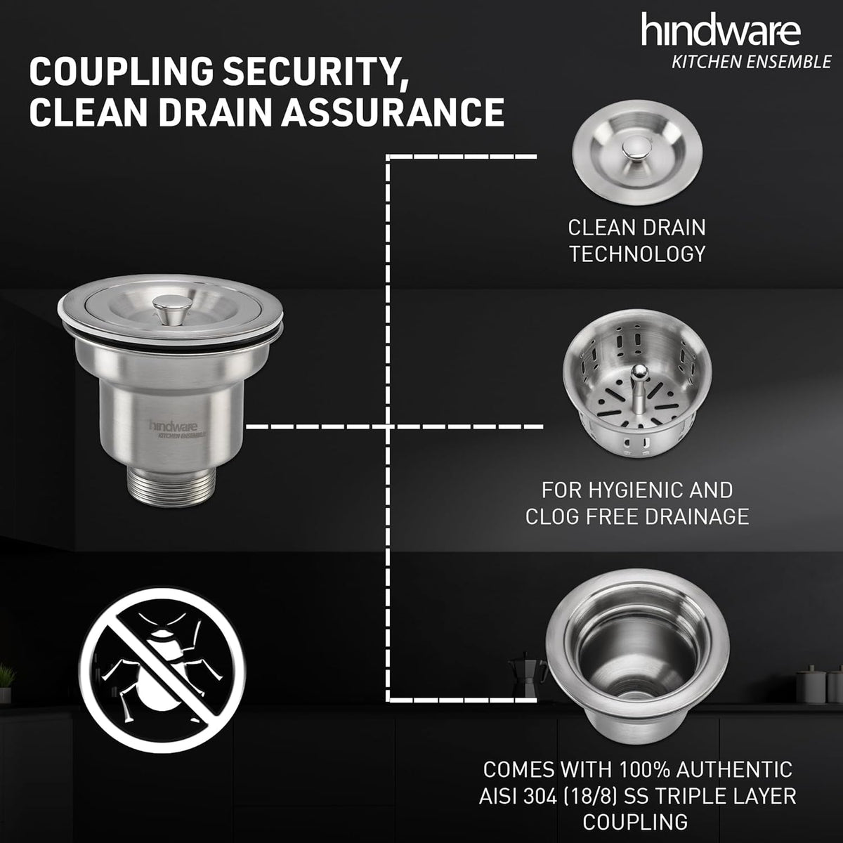 Hindware Domingo Neo Kitchen Sink | 304 Grade | Handmade Single Bowl with Waste Coupling| 25 Years Warranty