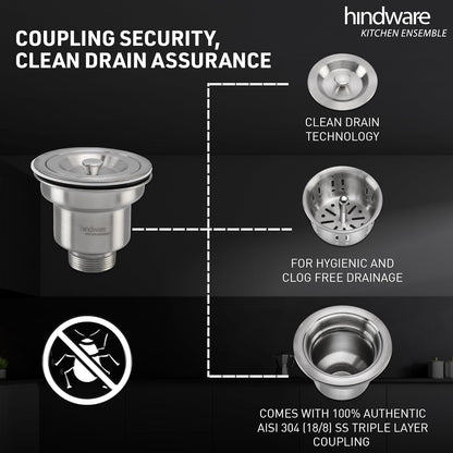 Hindware Domingo Neo Kitchen Sink | 304 Grade | Handmade Single Bowl with Waste Coupling| 25 Years Warranty