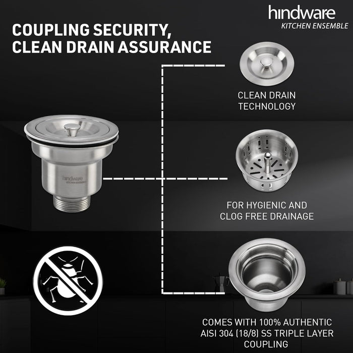 Hindware Domingo Neo Kitchen Sink | 304 Grade | Handmade Single Bowl with Waste Coupling| 25 Years Warranty