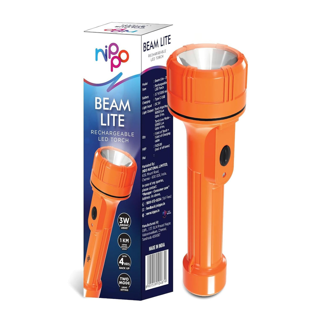 Nippo Beam Lite 3W Li-Ion Rechargeable LED Torch Long Range Torch  Up to 4hrs Back