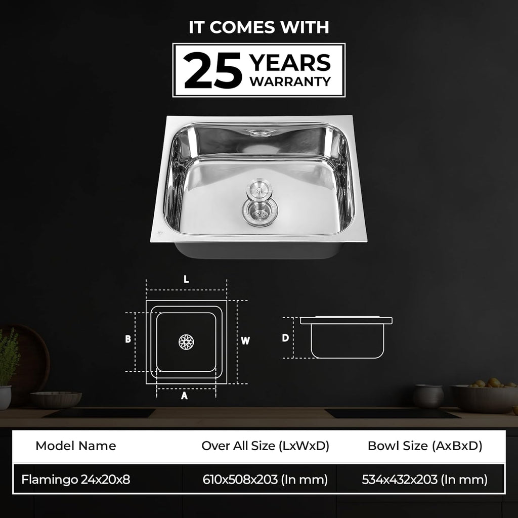 Hindware Kitchen Sink 24x18x8 304 Grade - 25Yrs Warranty
