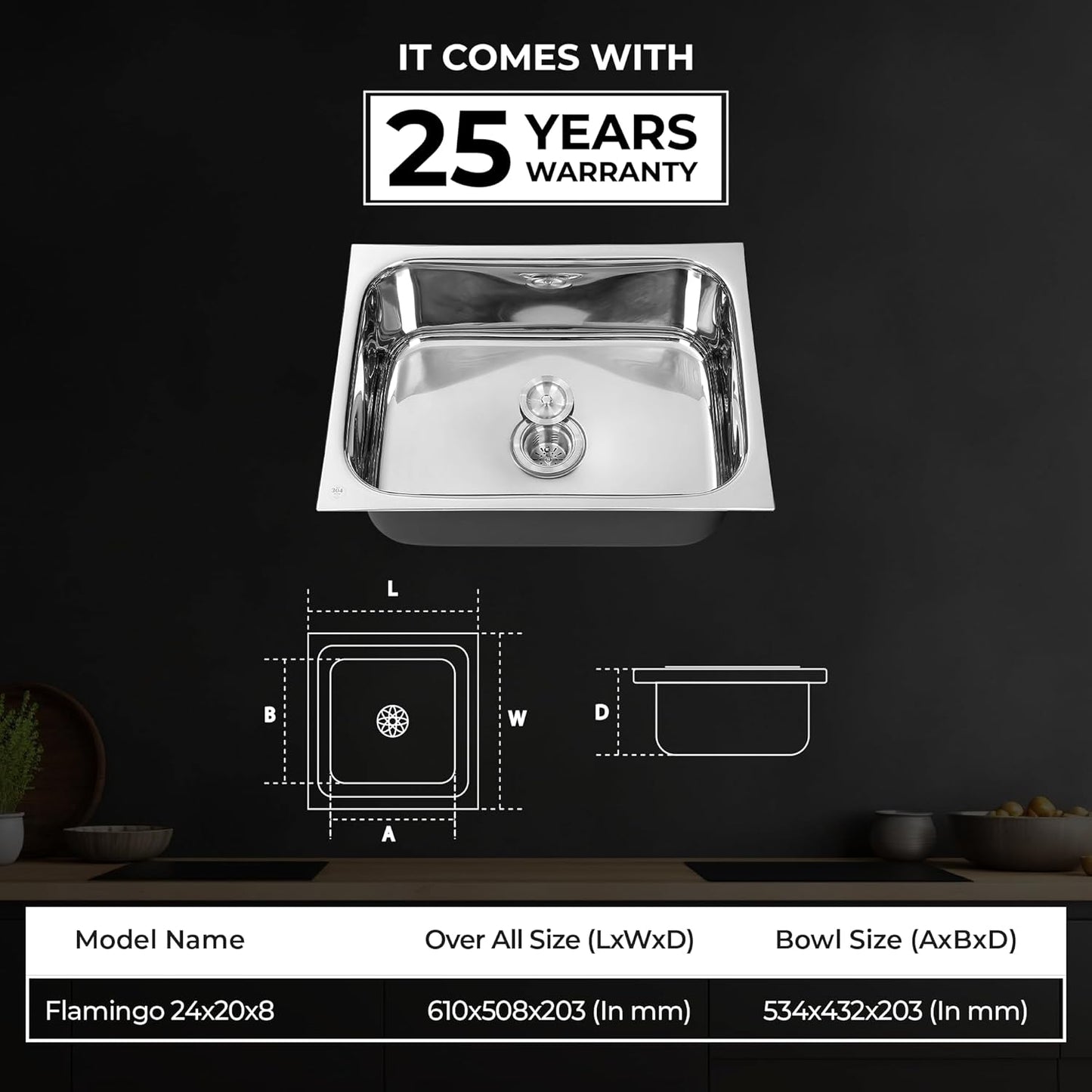 Hindware Kitchen Sink 24x18x8 304 Grade - 25Yrs Warranty