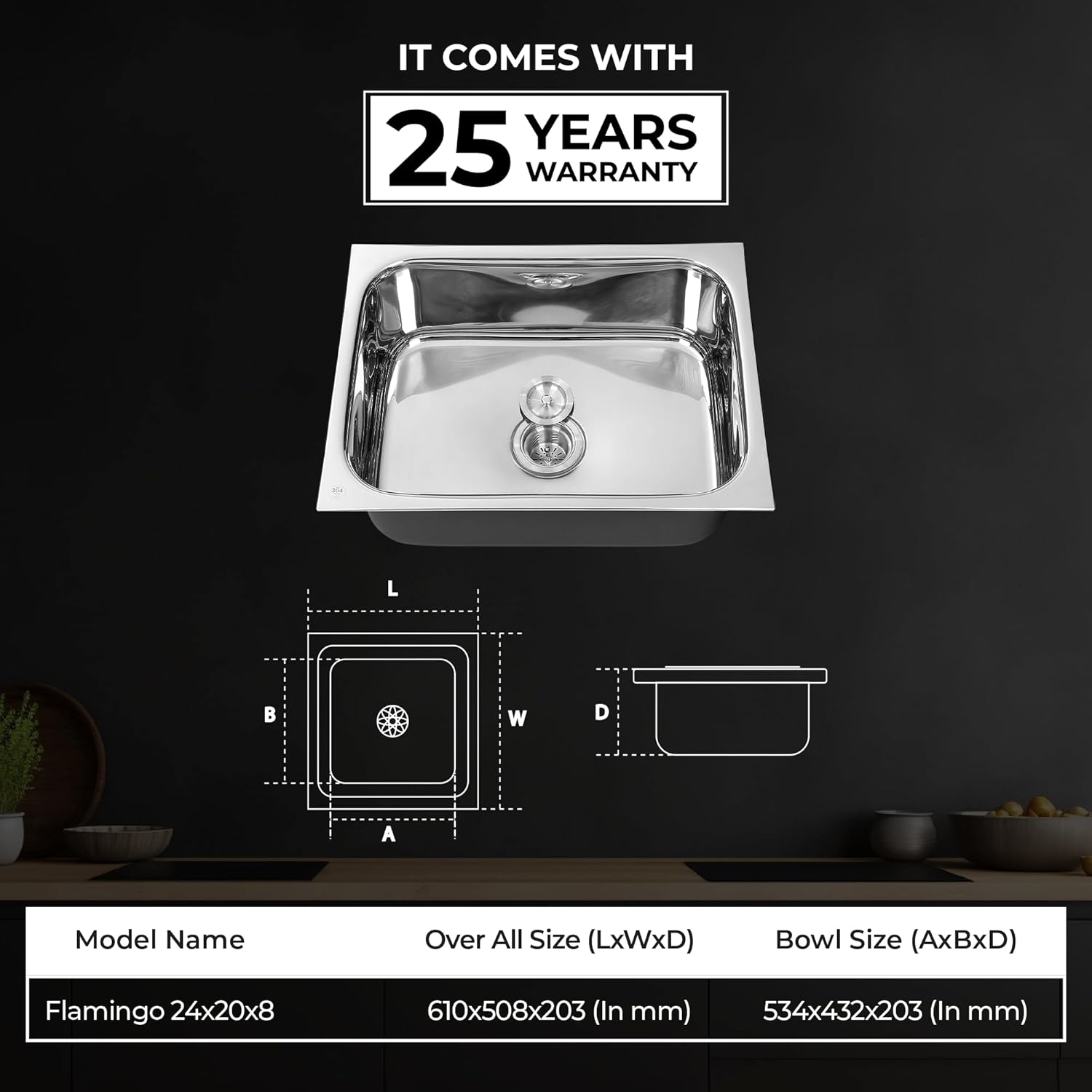 Hindware Kitchen Sink 24x18x8 304 Grade - 25Yrs Warranty