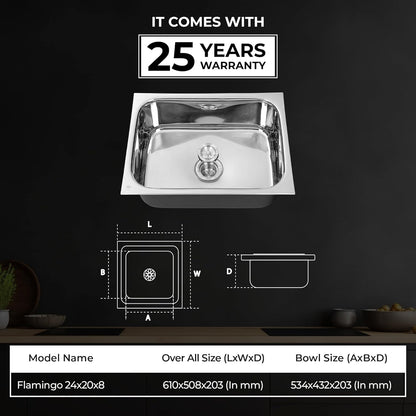 Hindware Kitchen Sink 24x18x8 304 Grade - 25Yrs Warranty