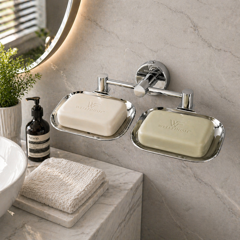 Wellfinish Double Soap Dish Holder | Wall Mounted Stainless Steel Soap Tray | Rust Proof Chrome Finish Bathroom Soap Stand | Soap Holder