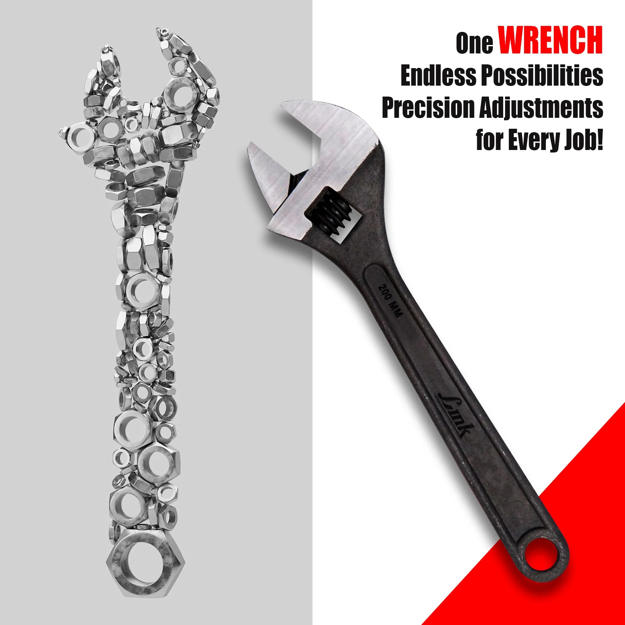 LINK Prabal Adjustable Wrench 200mm (8 Inch) – Black Finish Heavy Duty Adjustable Spanner for Plumbing, Mechanical & Home Repair