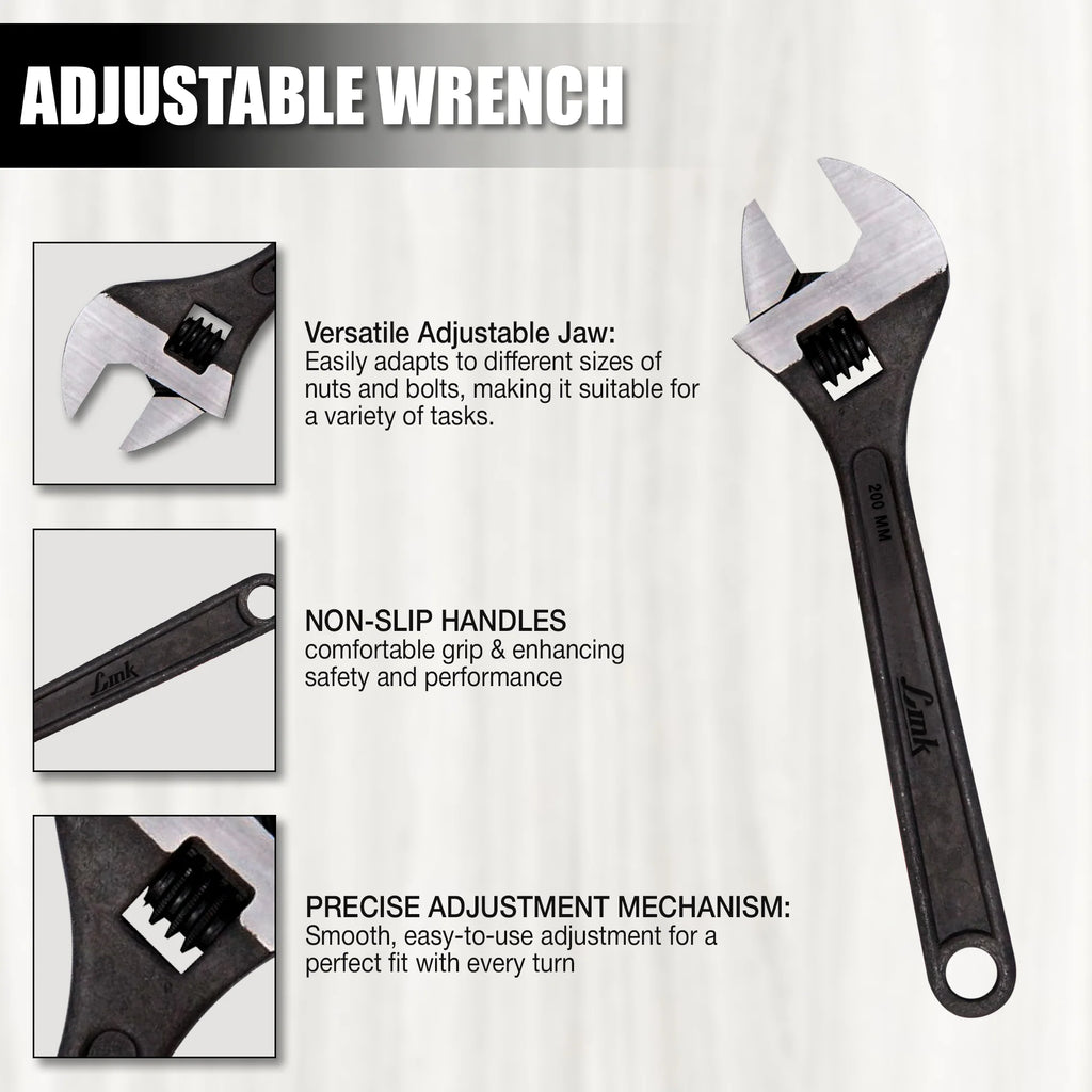 LINK Prabal Adjustable Wrench 200mm (8 Inch) – Black Finish Heavy Duty Adjustable Spanner for Plumbing, Mechanical & Home Repair