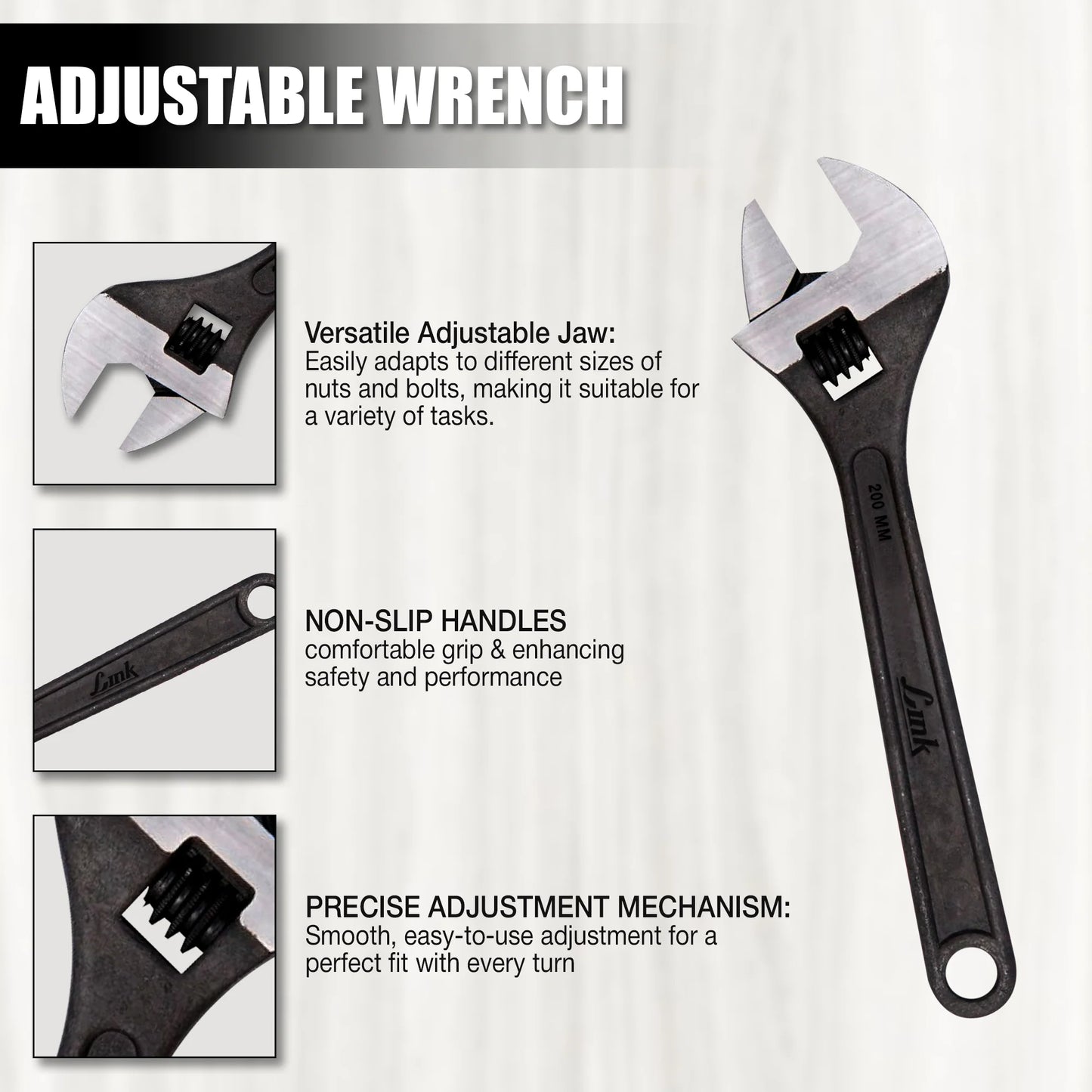 LINK Prabal Adjustable Wrench 200mm (8 Inch) – Black Finish Heavy Duty Adjustable Spanner for Plumbing, Mechanical & Home Repair
