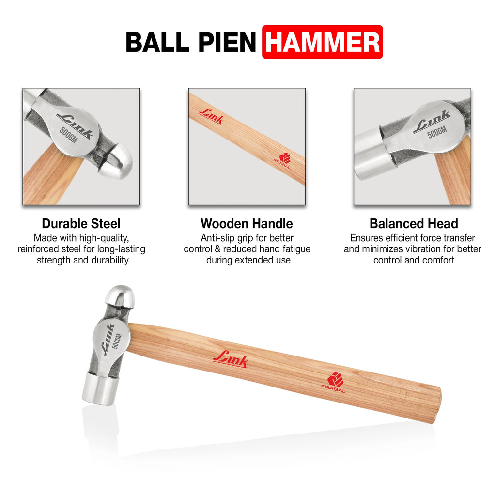 LINK Prabal Ball Pein Hammer 500gm – Drop Forged Steel Hammer with Ashwood Handle