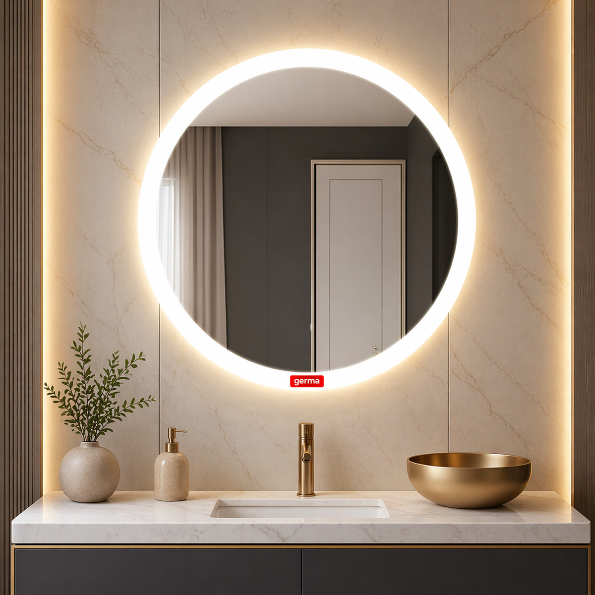 Germa Edge Light Round LED Mirror (60x60cm) – 3 Color Light Modes, Touch Sensor  | Frameless Bathroom & Dressing Mirror (Dimmable)