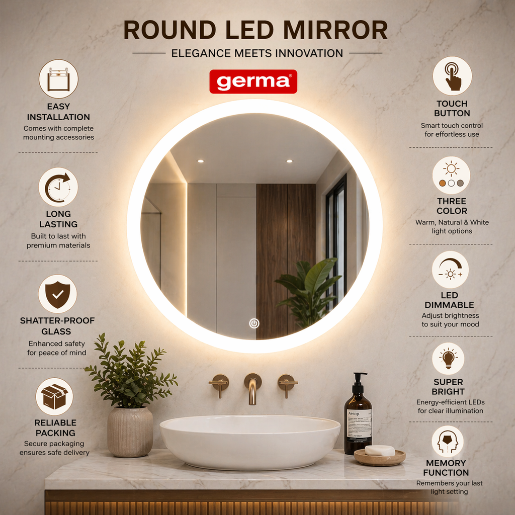 Germa Edge Light Round LED Mirror (60x60cm) – 3 Color Light Modes, Touch Sensor  | Frameless Bathroom & Dressing Mirror (Dimmable)