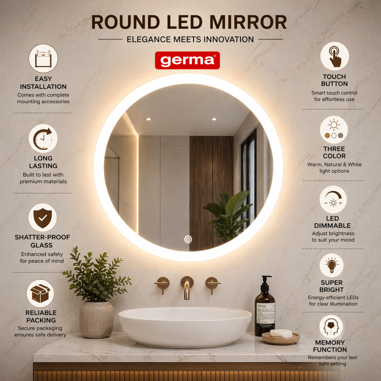 Germa Edge Light Round LED Mirror (60x60cm) – 3 Color Light Modes, Touch Sensor  | Frameless Bathroom & Dressing Mirror (Dimmable)