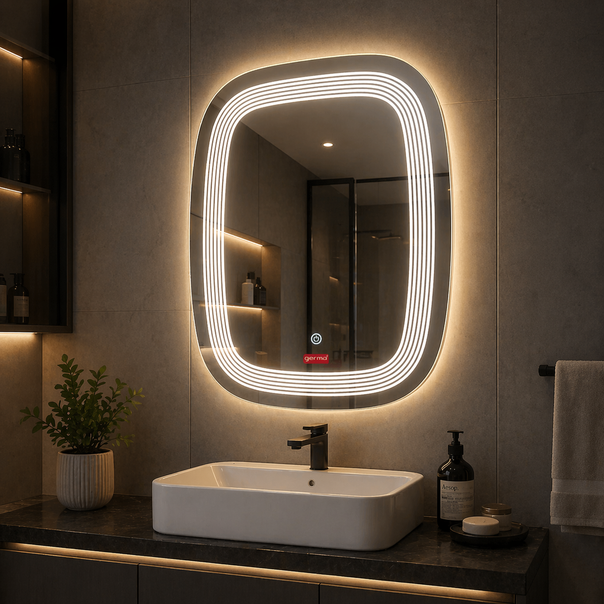 Germa Designer Edge Light LED Mirror (60 × 45 cm) – 3 Color Modes, Touch Sensor| Dimmable Frameless Bathroom & Dressing Mirror