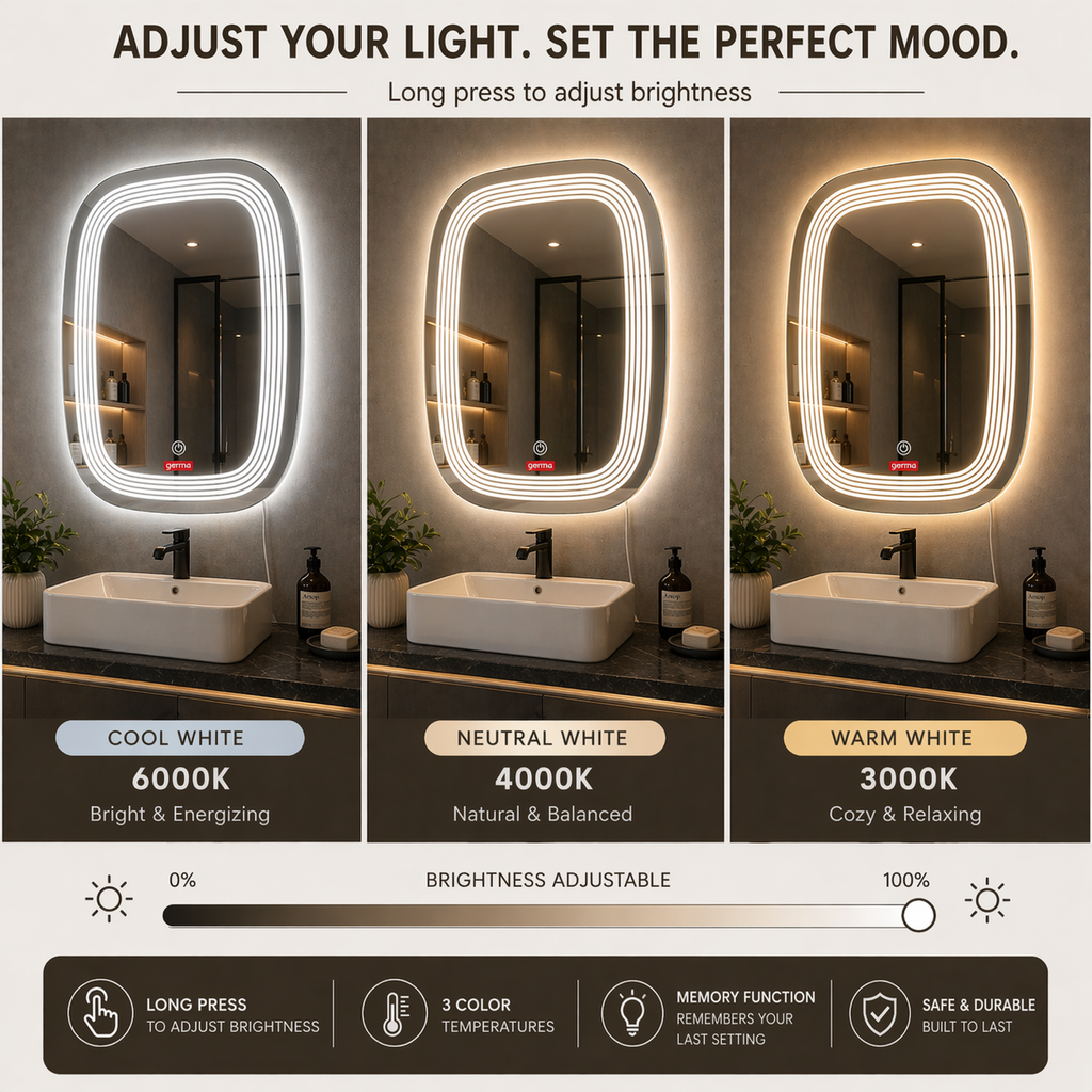 Germa Designer Edge Light LED Mirror (60 × 45 cm) – 3 Color Modes, Touch Sensor| Dimmable Frameless Bathroom & Dressing Mirror