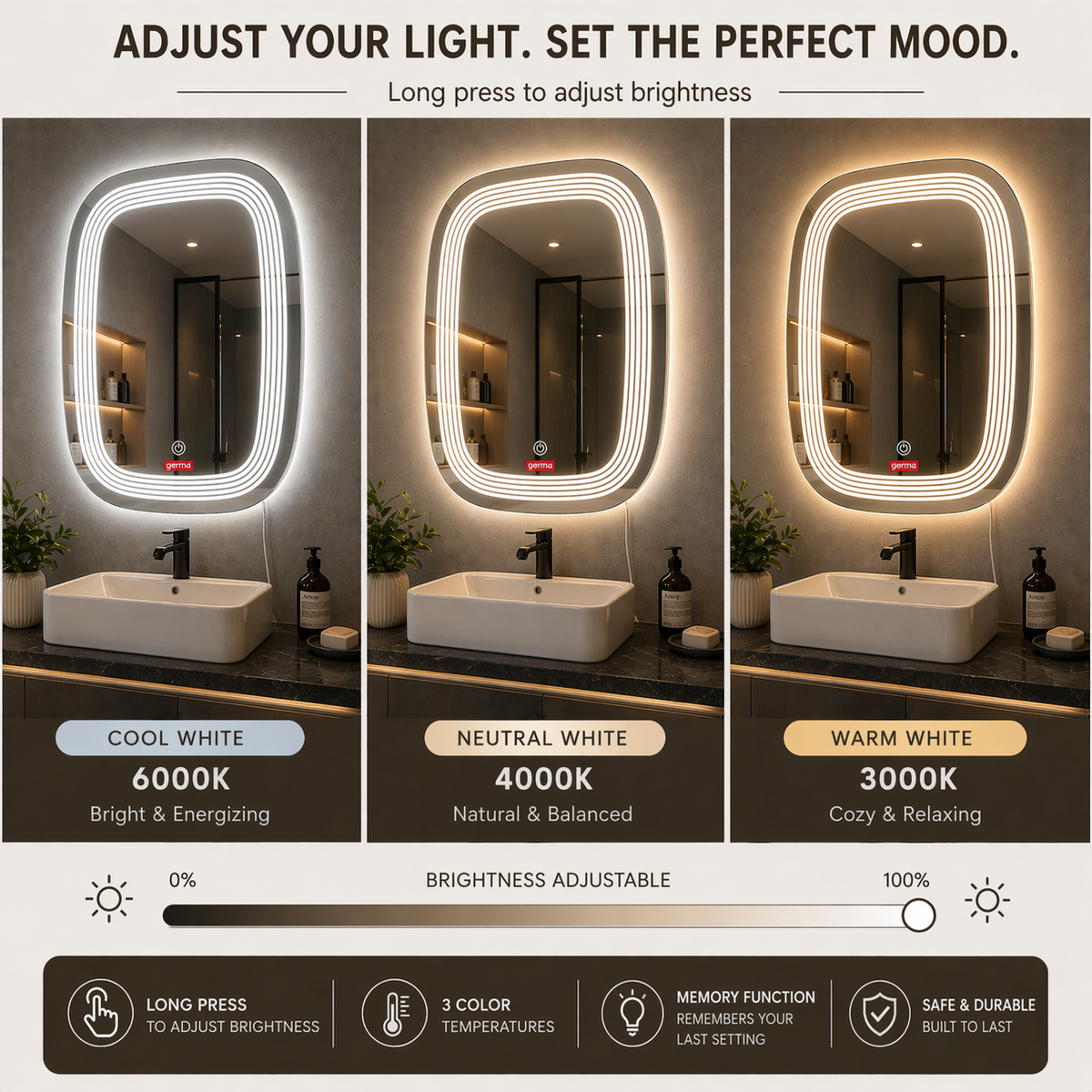 Germa Designer Edge Light LED Mirror (60 × 45 cm) – 3 Color Modes, Touch Sensor| Dimmable Frameless Bathroom & Dressing Mirror