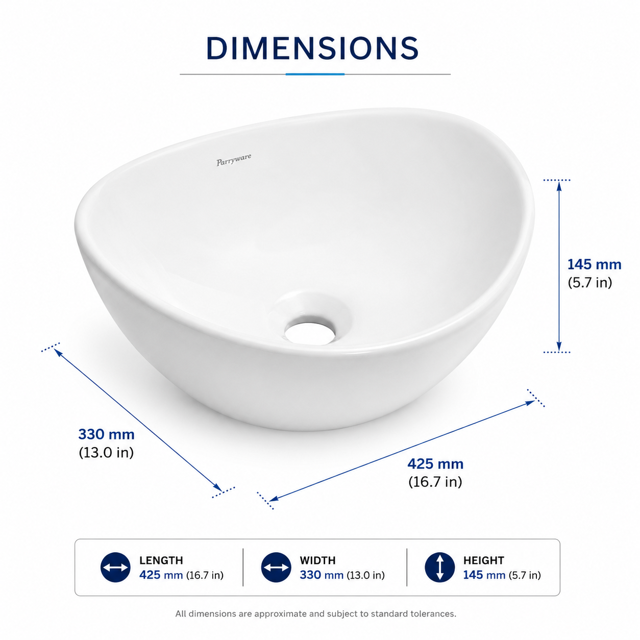 Parryware Vallure Table Top Basin | Ultra White Ceramic Bowl Basin | 410 x 365 mm
