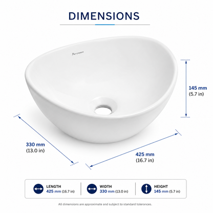 Parryware Vallure Table Top Basin | Ultra White Ceramic Bowl Basin | 410 x 365 mm