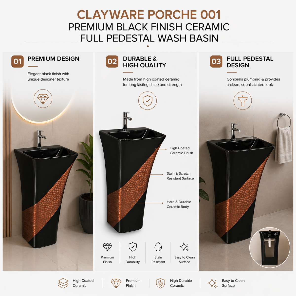 Clayware Porche 001 Premium Black Ceramic Full Pedestal Wash Basin