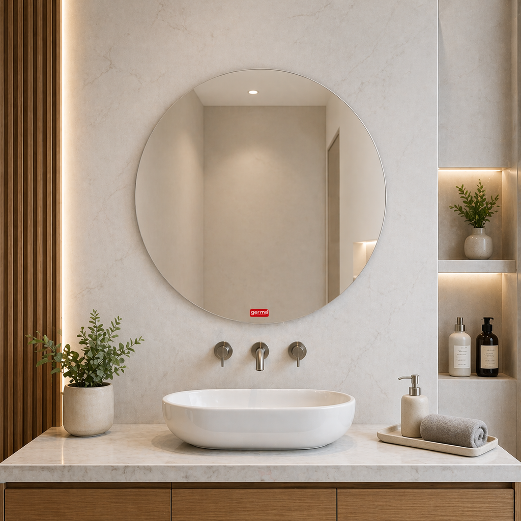 Germa Round Frameless Wall Mirror – 5mm HD Glass with Beveled Edges |  Easy Installation